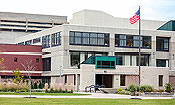 Library entrance and flagpole