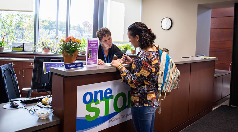 Student receiving assistance at FLCC Geneva Campus Center One Stop Center