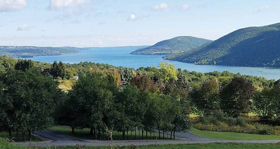 Canandaigua Lake with trees in the foreground.