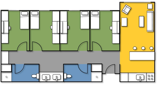 Floor Plan for a 4-bedroom suite with livingroom and kitchen